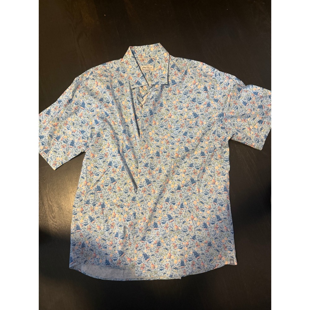 Peter Millar Linen Shirt XL Blue Excellent Rum Pirate Print Short Sleeve Button